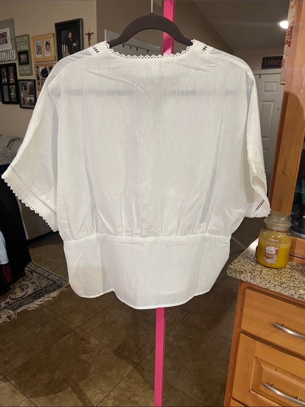 Adrianna Papell White V-Neck Eyelet Trim Peasant Blouse - Picture 3 of 4